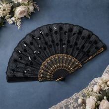 1pc 22CM Women's Sequin Embroidered Fan, Plastic Gold Foil Frame, Suitable For Party, Shopping, Travel, Sun Protection - Black - View 5