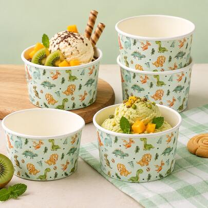 10/25Pcs Dinosaur Paper Ice Cream Bowls, Green Cartoon Dino & Leaf Pattern Dessert Bowls, Round Snack Candy Serving Bowls For Birthday Party, Dessert Table & Party Decor