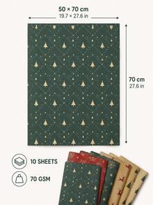 10pcs Christmas Wrapping Paper , Red Green Kraft Gift Wrap With Snowflake Tree And Reindeer Print, For Home Crafters And Gift Givers, Gift Box Packaging, Bow Making, Holiday Party And DIY Decor - Multicolor - View 2