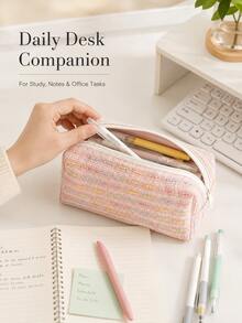 Sweet Striped Pencil Case, Colorful Bubble Gauze Woven Fabric Stationery Storage Bag, Large Capacity Zipper Pencil Pouch, Soft Texture Decorative Accessory, Suitable For Pens And Pencils, Students Back To School Study Desk Home Office Holiday Use - Multicolor - View 5