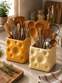 Yellow Cheese Shaped Kitchen Utensil Holder, Large Countertop Utensil Crock - Multicolor - View 5