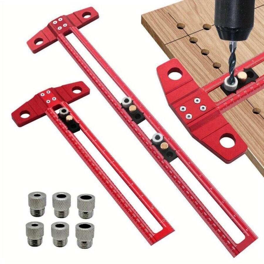Aluminum Alloy Woodworking Drill Guide, 2-In-1 Positioning Marking Ruler, Multi-Function T-Square With 6/8/10mm Drill Bushings, Non-Electric Precision Positioning Sleeve Set - Multicolor - View 1