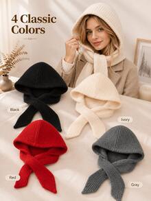 1pc Solid Color One-Piece Knitted Hooded Scarf, Fashionable Versatile Women's Knitted Hat, Warm And Cold-Proof, Suitable For Autumn/Winter, Large Head Circumference, Scarf Hat Set, Warm Ear Protection - A - View 9