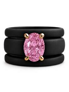 3PCS Pink Oval Cut Synthetic Zirconia Black Silicone Ring Set, Suitable For Daily Wear, Weddings, Valentine's Day, Anniversaries, And Gifts - Black Silicone - Pink Oval - View 11