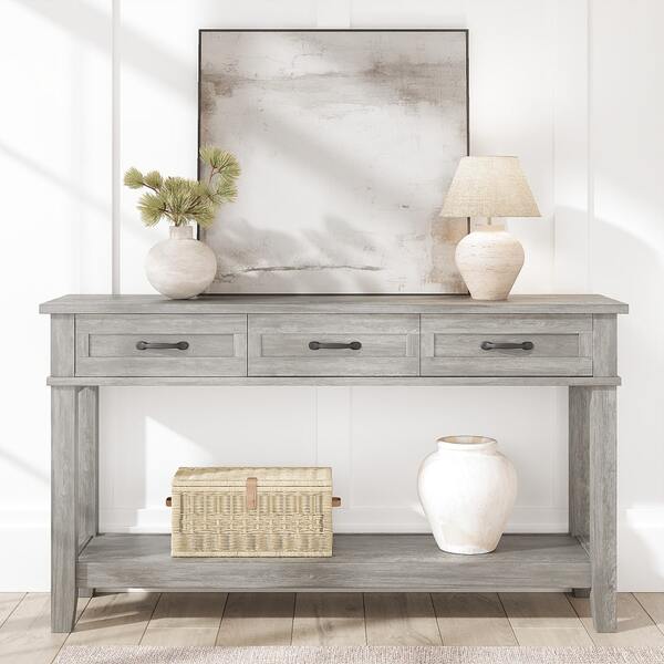 Beaully Farmhouse Wooden Console Table, 2‑Tier Sofa Table With 3 Drawers And Open Storage Shelf For Entryway Living Room Hallway Foyer