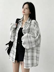 YCYC Korean Style Slouchy Sun Protection Shirt Women Loose Versatile Chic Youthful Thin Outerwear - Black and White - View 2