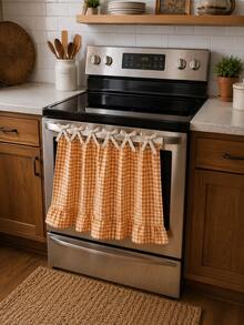 Plaid Ruffled Oven Door Curtain, Farmhouse Style Checkered Stove Handle Curtain With Tie Rope, Country Style Scalloped Edge Kitchen Decor Curtain, Washable Small Window Curtain, Suitable For Oven, Cabinet, Open Cabinet And Small Window, Farmhouse Style Kitchen Home Decor - Ruffled Edge - View 4