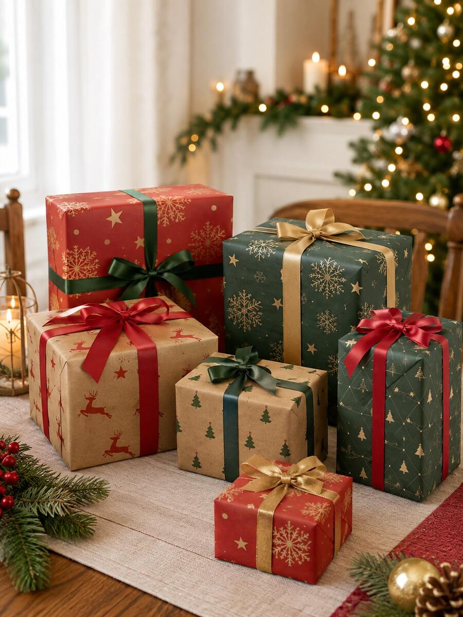 10pcs Christmas Wrapping Paper , Red Green Kraft Gift Wrap With Snowflake Tree And Reindeer Print, For Home Crafters And Gift Givers, Gift Box Packaging, Bow Making, Holiday Party And DIY Decor - Multicolor - View 1