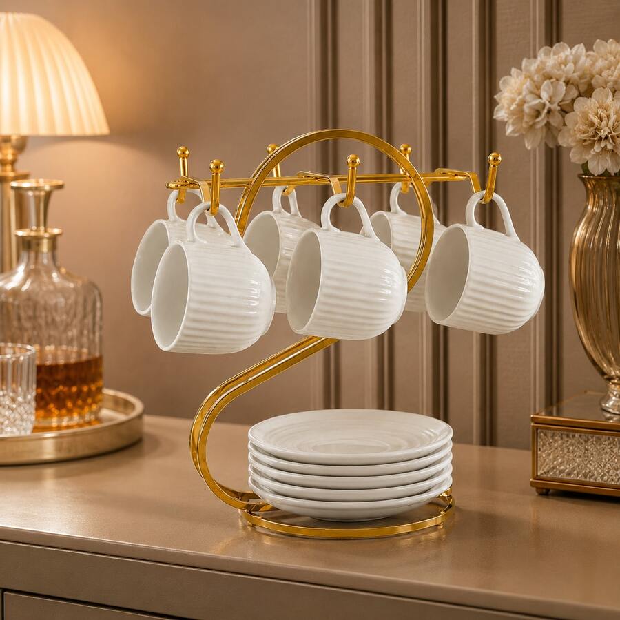 Guld 6-kroks metallkoppställ med brickhållare, bänkskiveställ för kaffekoppar, lämpligt för kök, restaurang och kaffebar - Guld - Visa 1