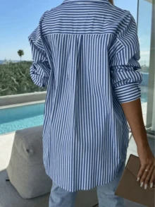 Women's Casual Blue & White Striped Pure Cotton Long Sleeve Shirt, Front Button Placket Design, Shirt Collar, Fashion Style - Multicolor - View 5