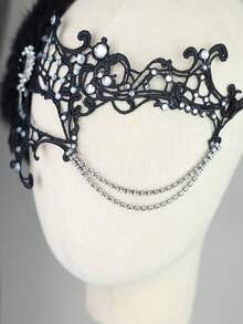 Vintage Gothic Black Lace Feather Masquerade Mask With Rhinestone Chain Eye Cover, Women's Halloween Party Wedding Cosplay Costume Accessory - Multicolor - View 7