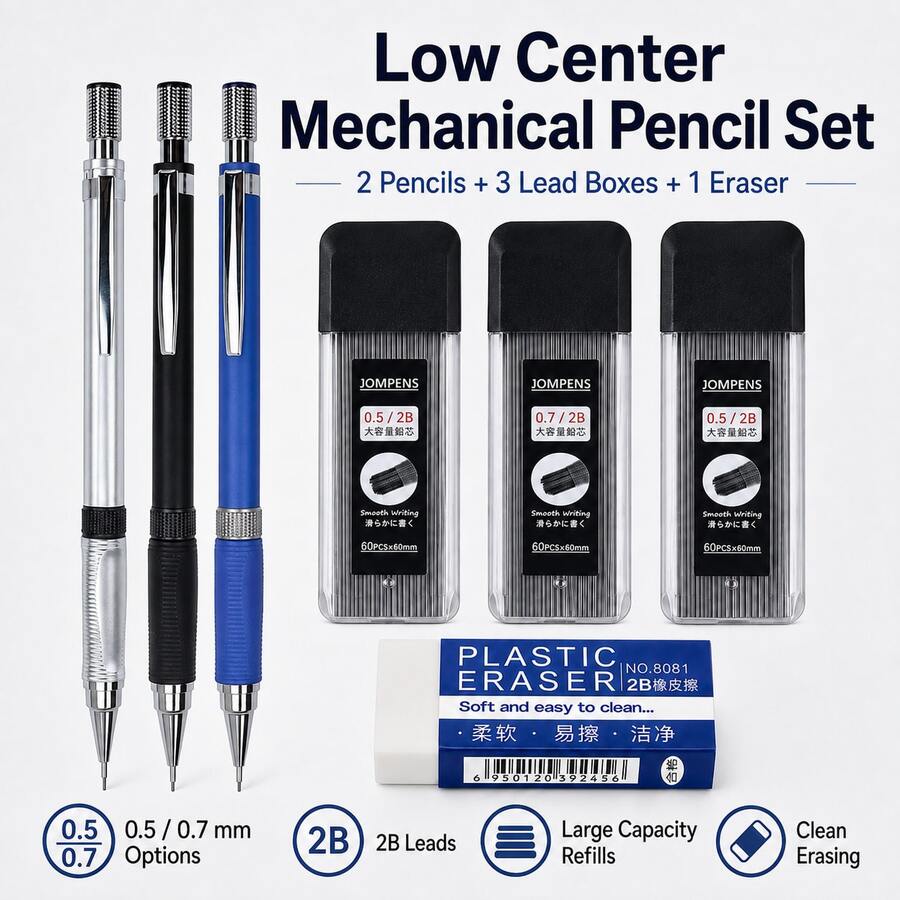 Mechanical Pencil Set, 2 Packs 0.5mm & 0.7mm Metal Mechanical Pencils , Refillable Drafting Pencils For Students, School, Office, Writing & Drawing