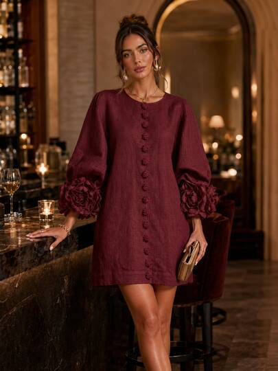 French Three-Dimensional Floral Lantern Sleeve Cotton Linen Dress, Crew Neck Single-Breasted Loose Figure-Concealing Vacation Mini Dress