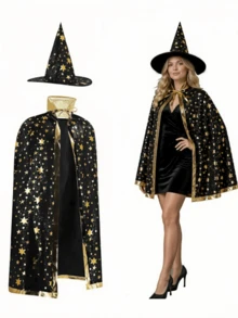 2pcs Halloween Satin Gold Foil Star Cape & Hat Set, Adult Wizard Magician Witch Costume, Stage Performance And Party Outfit - Multicolor - View 1