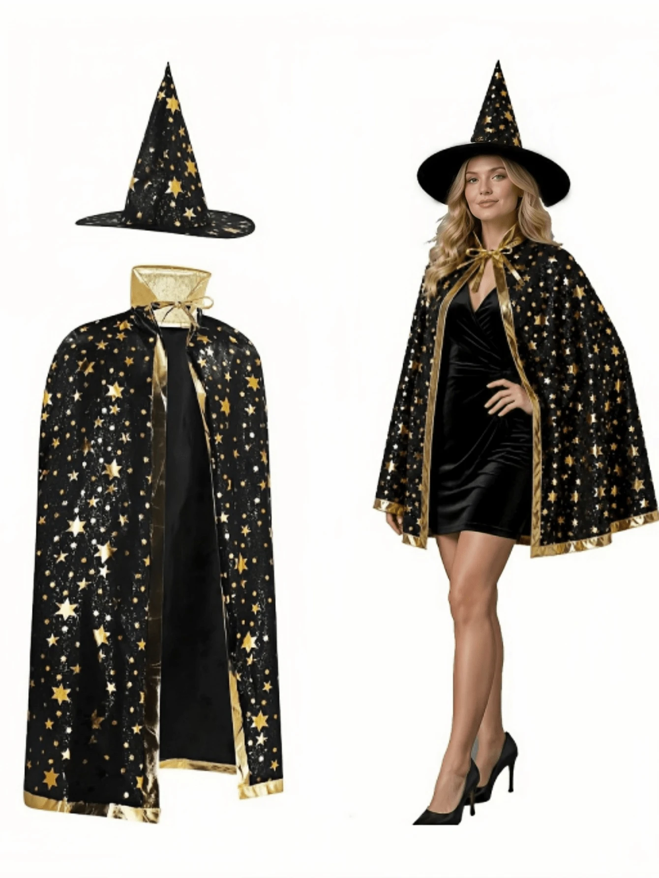 2pcs Halloween Satin Gold Foil Star Cape & Hat Set, Adult Wizard Magician Witch Costume, Stage Performance And Party Outfit - Multicolor - View 1