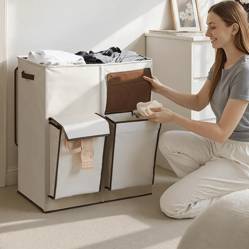 1pc 180L 4-Compartment Laundry Basket With Lid, Foldable Storage Organizer, Suitable For Delicate Clothes, Socks, Underwear, Double-Layer Extra Large Capacity Dirty Clothes Sorting Bin, For Bedroom, Bathroom, Home Storage - Multicolor - View 1