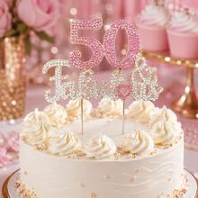 Pink Rhinestone 50 & Fabulous Cake Topper, Sparkling 50th Birthday Cake Decoration With Heart For Women, Party, Anniversary & Celebration - Style a - View 8