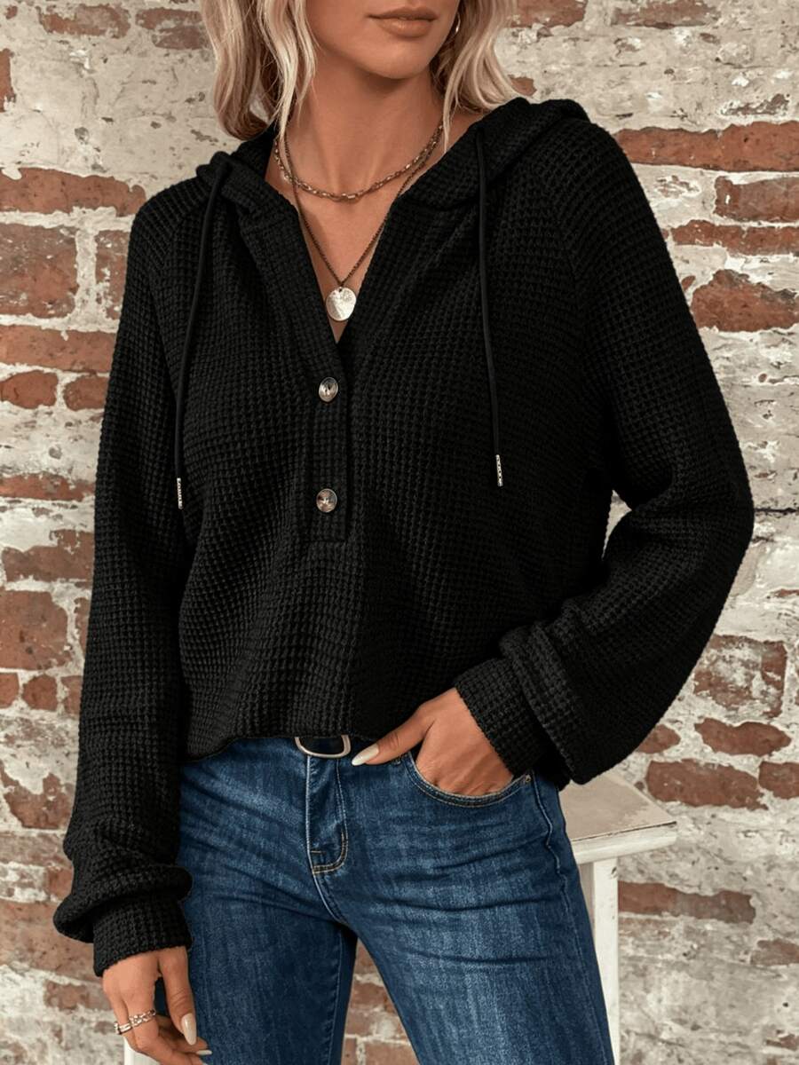 2026 Women Cropped Henley Hooded Top, Button Placket Drawstring Hood Long Sleeve Loose Fit Shirt For Daily Street Look Dating Weekend Friend Gathering - Black - View 1