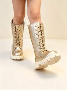 1 Pair Girls' Gold High-Top Boots, Lace-Up Side Zipper Thick Sole Riding Boots, Children's Fashion Performance Long Boots - Gold - View 3