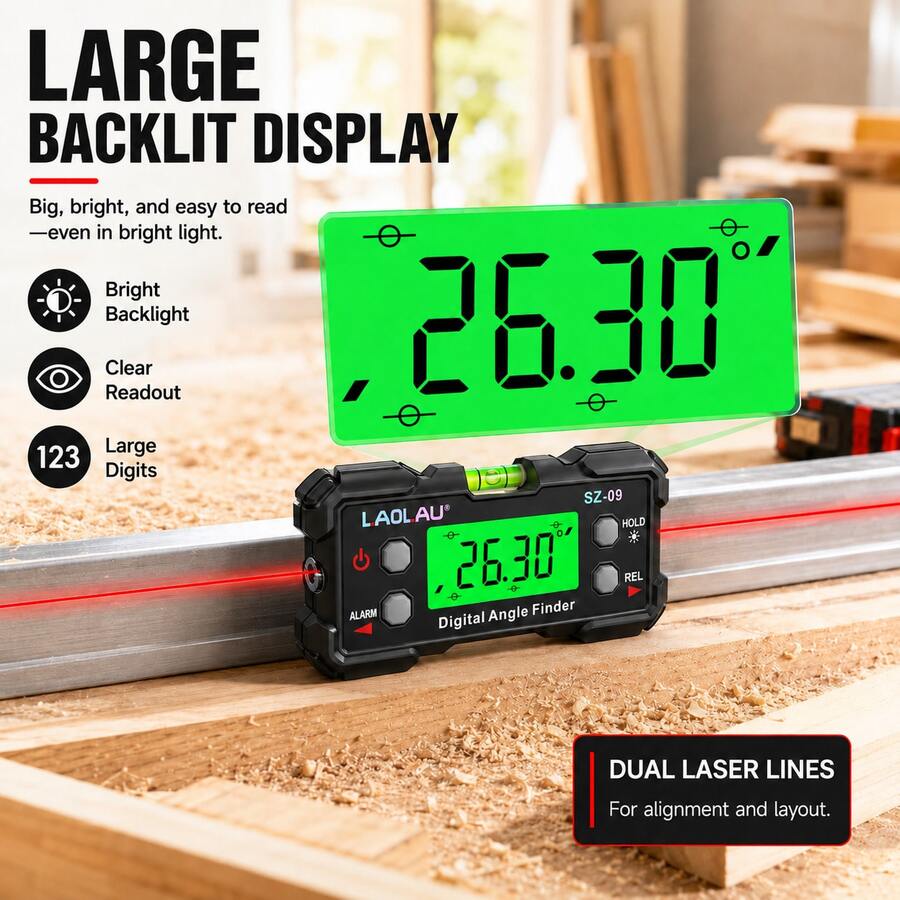 L.A.OL.A.U Pengukur Sudut Digital LAOLAU SZ-09, Garis Laser Dua Sisi, Level Kemiringan Magnetik, LCD dengan Lampu Latar, Alarm Sudut, Pengukuran Relatif, Penggaris Sudut Isi Ulang Tipe-C, Cocok untuk Pengerjaan Kayu, Konstruksi, Pengerjaan Logam