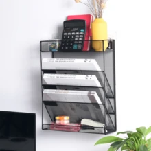 1pc Desktop File Organizer Rack, 5-Tier Mesh Wall-Mounted Document Organizer, Vertical Mail Paper Folder Storage Rack - 4-tier-black - View 1