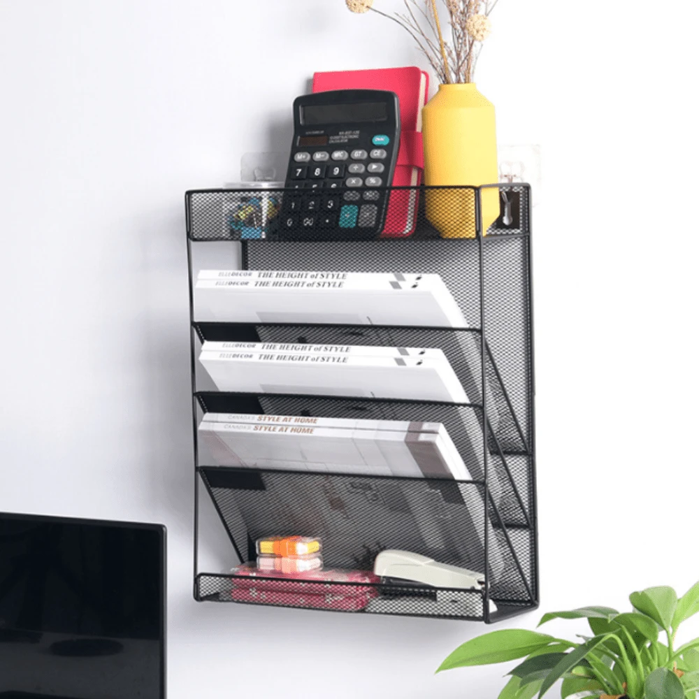 1pc Desktop File Organizer Rack, 5-Tier Mesh Wall-Mounted Document Organizer, Vertical Mail Paper Folder Storage Rack - 4-tier-black - View 1