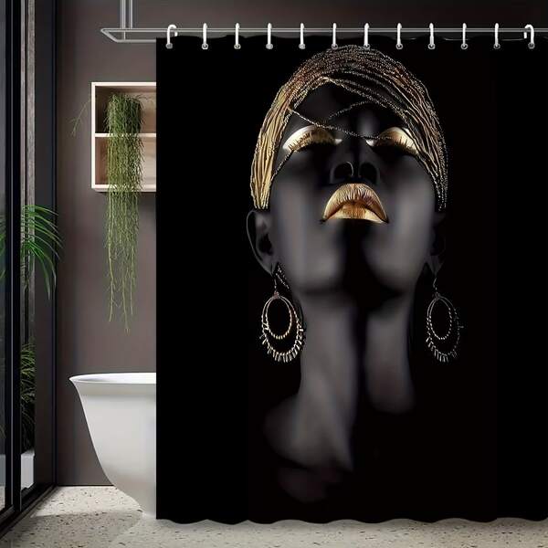 1pc Black Background Gold Decor Figure Art Shower Curtain, Modern Personalized Bathroom Hanging Curtain - Suitable For Bathroom Decoration, Bathroom Curtain - Easy To Clean, Exquisite Home Decor, Bathroom Partition Curtain, Decorative Shower Curtain, Bathroom Accessories Home Decor Gift - Includes 12 Hooks