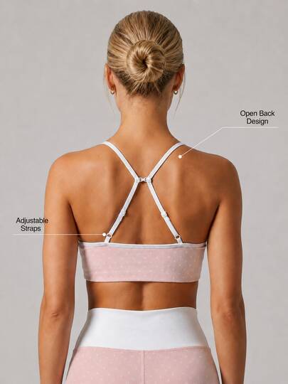 Sodalemon Women's Polka Dot Adjustable Spaghetti Strap Sports Bra, Contrast Trim Round Neck Lightweight Fitness Bra, Suitable For Yoga, Pilates And Daily Wear