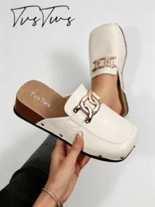 European Style Rivet Square Toe Wedge Heel Mule Shoes, Solid Color Thick Sole Closed Toe Half-Slip Women's Outdoor Shoes - Off White - View 2