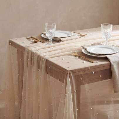 1pc Champagne Pearl Tulle, Wedding, Tablecloth, Dessert, Table Decor Fabric, Cake, Photography Backdrop Curtain Prop, Bridal Veil, Fairy Style Champagne Hollow Mesh Yarn, Suitable For Various Occasions, Multiple Sizes Available