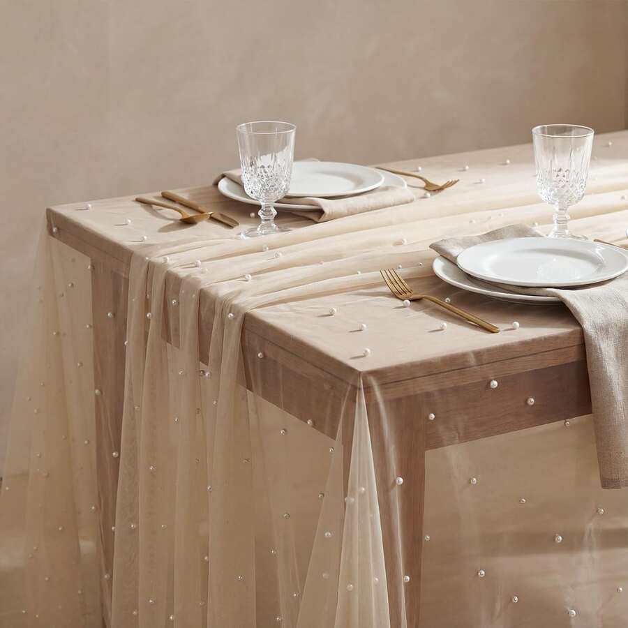 1pc Champagne Pearl Tulle, Wedding, Tablecloth, Dessert, Table Decor Fabric, Cake, Photography Backdrop Curtain Prop, Bridal Veil, Fairy Style Champagne Hollow Mesh Yarn, Suitable For Various Occasions, Multiple Sizes Available - Champagne - View 1