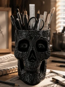 1pc/2pcs Gothic Floral Carved Skull Pen Holder, Large Capacity Desktop Pencil Organizer, Black White Multi‑Functional Makeup Brush Storage Pot, Skull Vase, Halloween Gothic Home Office Table Decor - Gothic Skull Pen Holder - View 4