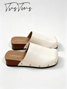 European Style Rivet Square Toe Wedge Mule Shoes, Solid Color Thick Sole Closed Toe Half Slip-On Women's Outdoor Shoes - Off White - View 4