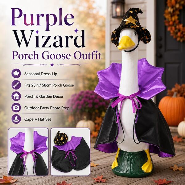 Fall Halloween Porch Goose Costume, Adorable Holiday Wizard Goose Outfit For The Patio, Fall Spooky Decoration, Suitable For Porches, Gardens, Yards, Patios, And Indoors, Fits 23-Inch Concrete Goose Set (Goose Statue Not Included).