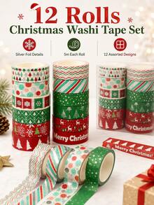 12 Rolls/Box Vintage Christmas Silver Foil Washi Tape, 1.5cm*5m Size Festive Tape Set, Perfect For Holiday Gift Wrapping, Card, Journal, And Scrapbook Decorations - Sets - View 3
