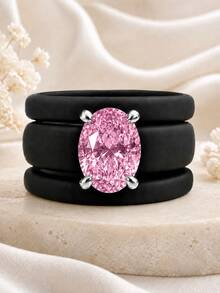 3PCS Pink Oval Cut Synthetic Zirconia Black Silicone Ring Set, Suitable For Daily Wear, Weddings, Valentine's Day, Anniversaries, And Gifts - Black Silicone - Pink Oval - View 1