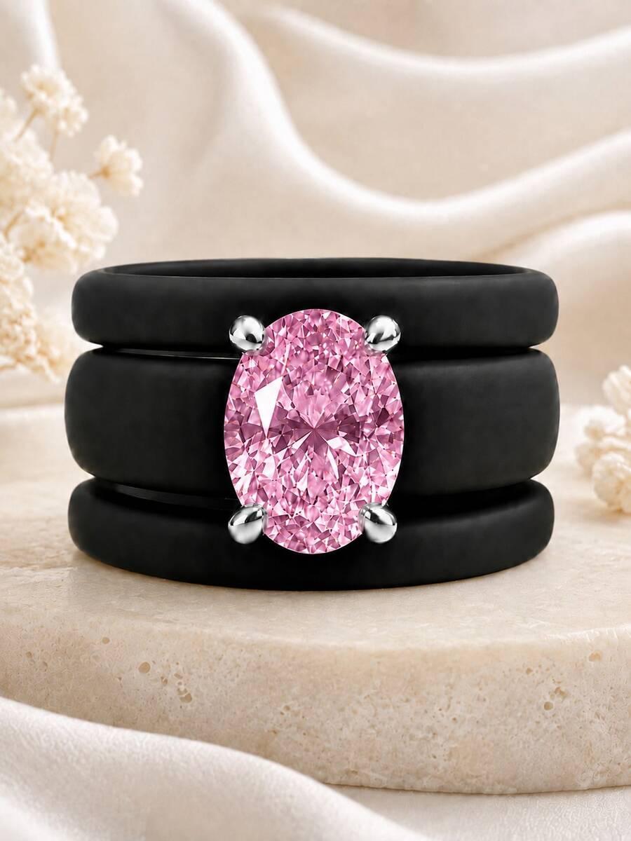 3PCS Pink Oval Cut Synthetic Zirconia Black Silicone Ring Set, Suitable For Daily Wear, Weddings, Valentine's Day, Anniversaries, And Gifts - Black Silicone - Pink Oval - View 1
