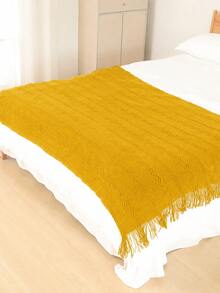 1pc Wavy Pattern Acrylic Knit Throw Blanket, Nordic Style Rectangular Solid Color Sofa Cover Bed Decorative Blanket Nap Blanket With Tassels - Yellow Vertical Three-curve Stripes - View 3