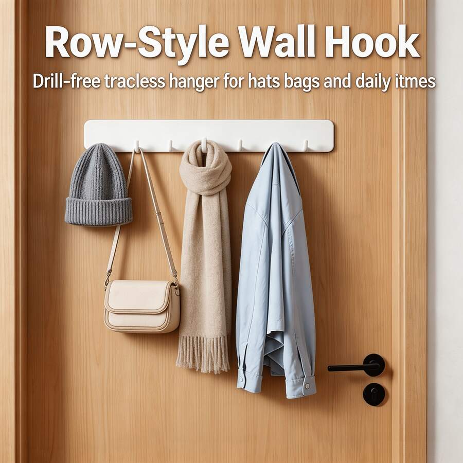 1PC Row‑Style No‑Drill Adhesive Hook, Strong Traceless Wall‑Mount Hanger, Multifunctional Towel Rack, Practical Small Wall Hook For Kitchen, Bathroom, Washroom, Ideal For Utensils, Towels & Household Item Daily Storage Organization Usew - White - View 1