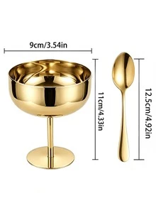 Gold Stainless Steel Dessert Cup With Spoon, Round Base Pudding Tray/Salad Fruit Yogurt Snack Candy Dish, Space-Saving Stackable Convenient Storage, Party/Ramadan/Afternoon Tea Special High-Foot Ice Cream Cup, Yogurt Pudding Bowl, Anti-Drop Premium Tableware Set. - Multicolor - View 11
