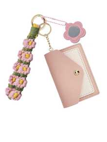 Bohemian Style Woven Floral Wristlet Keychain Wallet For Women, Portable ID Card Holder Mini Pocket Bag With Small Mirror, Suitable For Concerts, Travel, Daily Carry - Multicolor - View 12