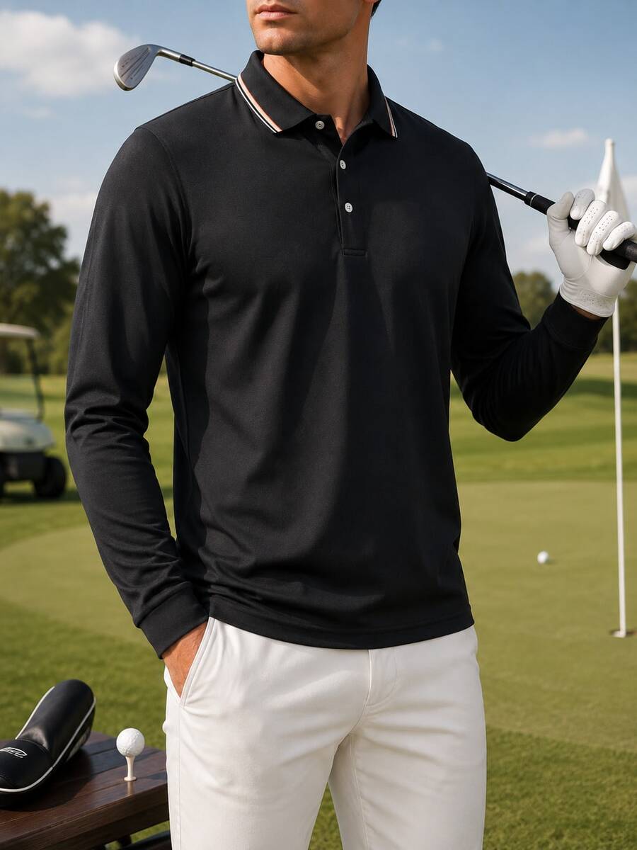 Men's Golf Light Business Long Sleeve Polo Shirt, Contrast Color Collar, Suitable For Golf, Business, Office, Daily Casual, Outdoor And Multiple Occasions - Black - View 1