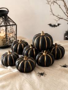 6pcs/3pcs Black Gold Pumpkin Decor, Artificial Pumpkins For Halloween Decorations, Fall Harvest Pumpkin Decorations, For Halloween Party Decorations, Mantel Shelf Table Centerpiece Home Decor - Black and Gold Faux Pumpkin - View 4