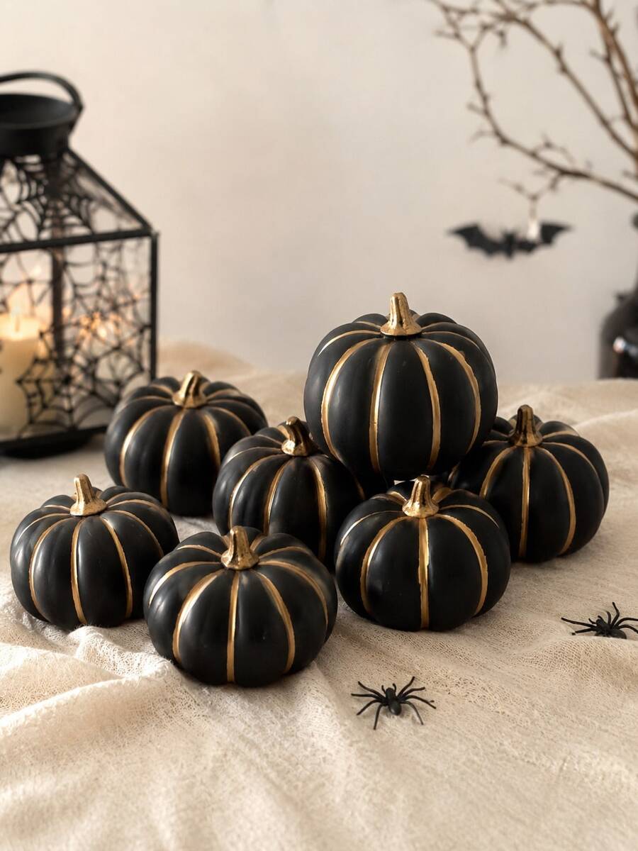 6pcs/3pcs Black Gold Pumpkin Decor, Artificial Pumpkins For Halloween Decorations, Fall Harvest Pumpkin Decorations, For Halloween Party Decorations, Mantel Shelf Table Centerpiece Home Decor - Black and Gold Faux Pumpkin - View 1