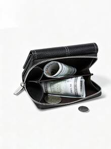 New Vintage Classic Black Litchi Texture Wallet, 3-In-1 Design With Card Slots, Coin And Bill Compartments, Versatile Luxury Litchi Texture - Black - View 5
