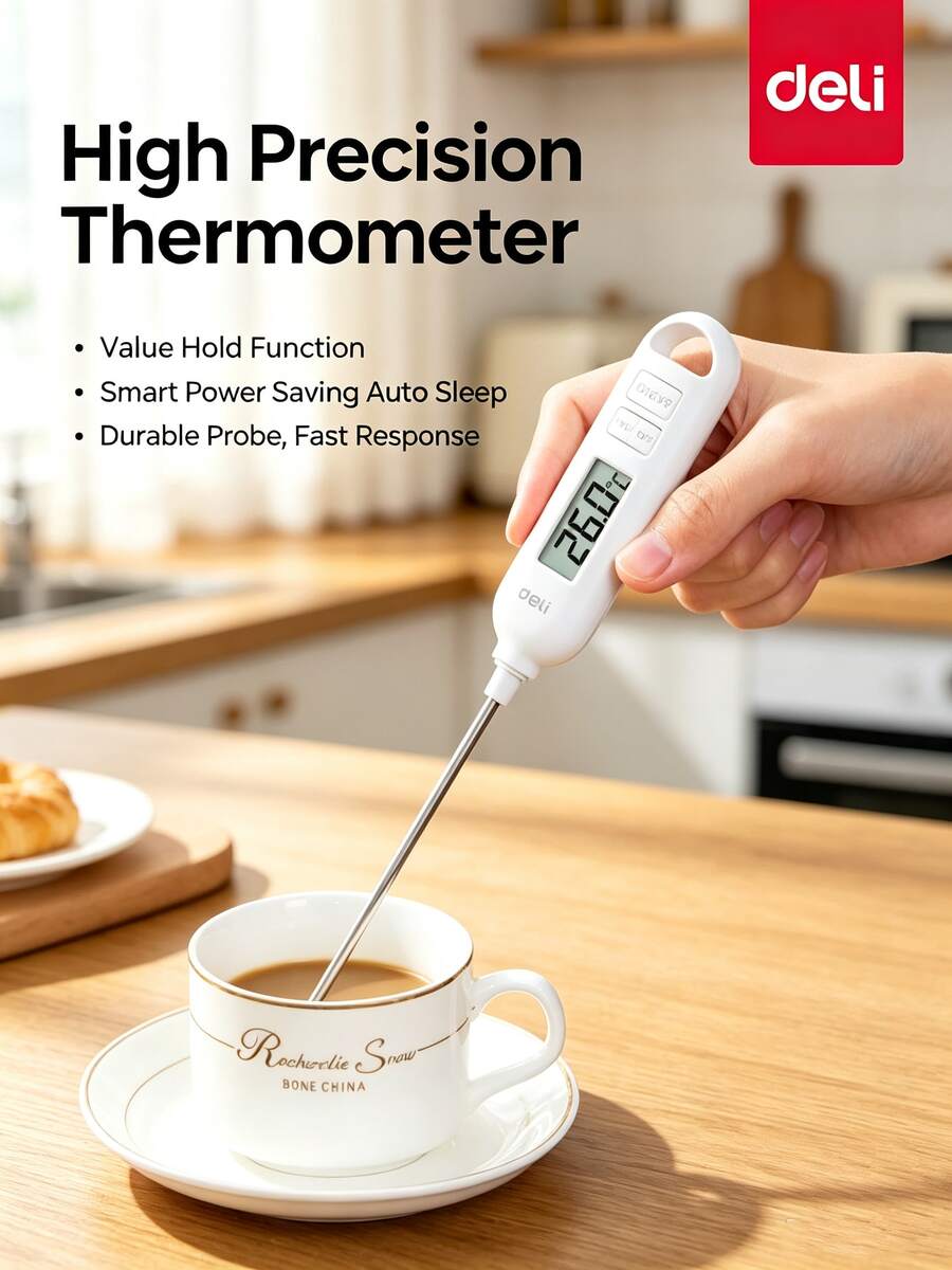 DELI LE553 Thermometer: High-Precision Measurement, Numerical Lock Function, Intelligent Power-Saving Automatic Sleep Design, Durable Probe, Fast Response, White. - White - View 1