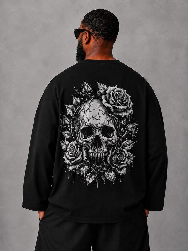 Plus Size Men's Vintage Rock Style Skull & Rose Print Short Long Sleeve T-Shirt, Hip Hop Streetwear Loose Fit Top