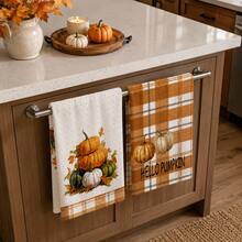 2pcs Pumpkin & Maple Leaf Print Kitchen Towels, Autumn Pastoral Style Hand Towels, Suitable For Thanksgiving, Autumn Kitchen Decor, Harvest Celebration, Farm Theme Decoration, Baking & Cooking And Daily Home Use - Multicolor - View 2