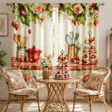 2pcs Vintage Watercolor Strawberry Rose Plaid Print Decorative Curtains, No-Drill Rod Pocket Design, Easy Installation And Removable, Polyester Material, Suitable For Bedroom, Living Room And Home Decor - Multicolor - View 6