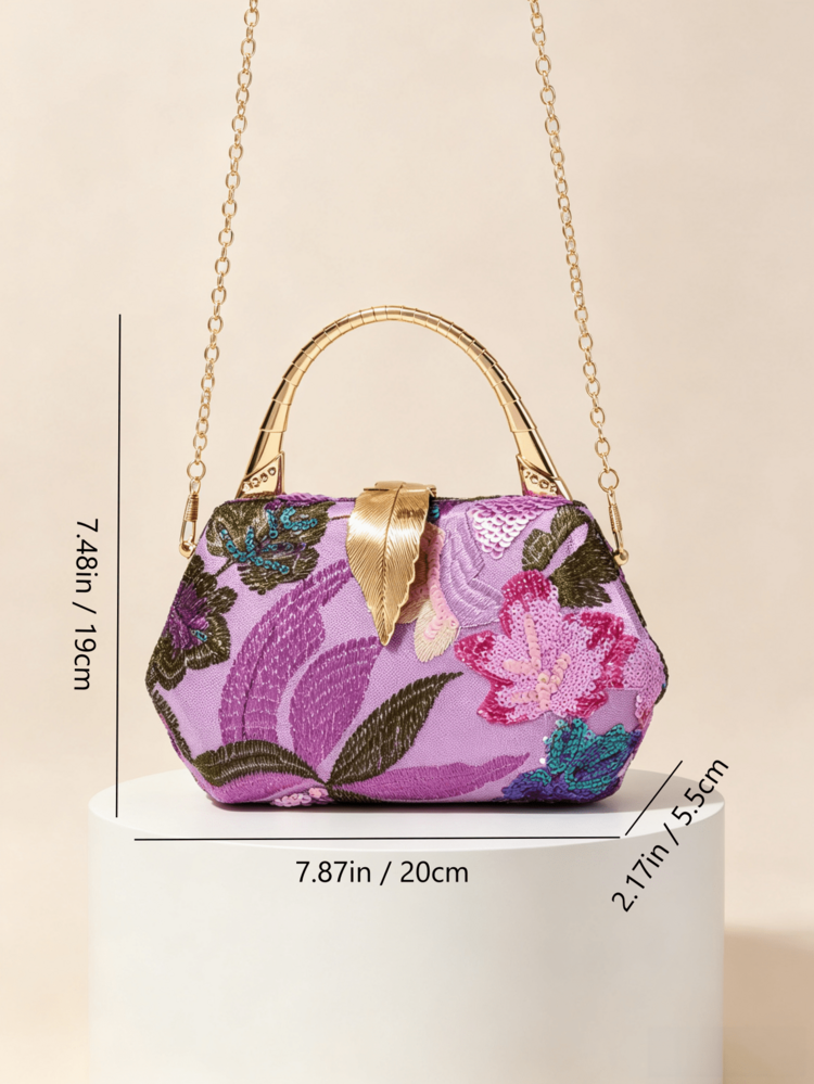 1pc Purple Heavy Beaded Hexagon Evening Clutch Bag With Gold Bamboo Handle Leaf Clasp, Luxury Wedding Party Dress Bag, Detachable Chain Crossbody Women's Purse (Random Cut) - Purple - View 3